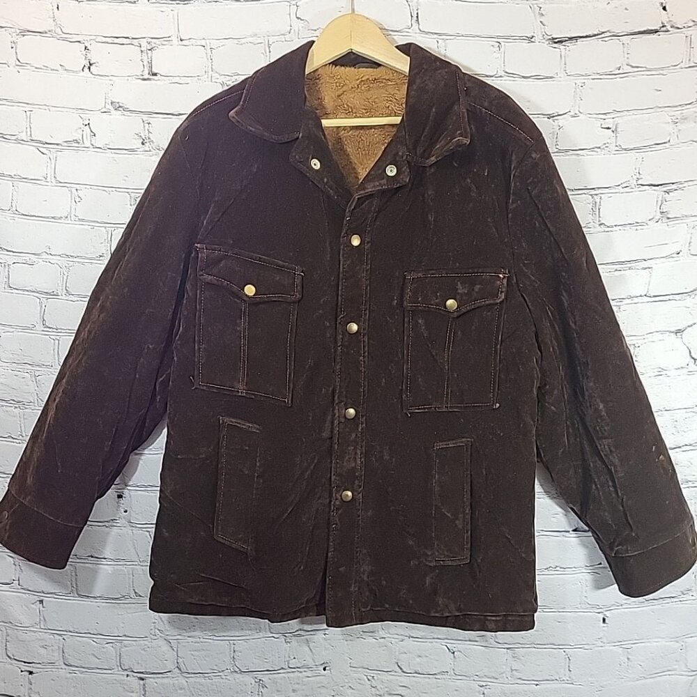 Vintage 70's Suede Jacket Mens Sz L Brown Sherpa Lined Multi-Pocket Snap Up Flaw
